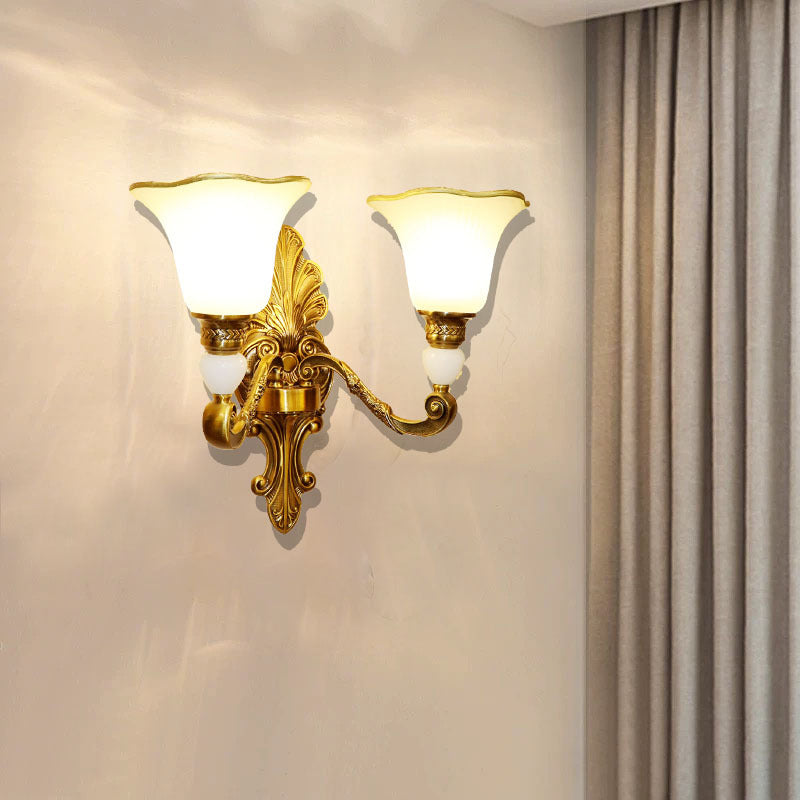 2 Heads Petal Sconce Lamp Traditional Style Frosted Glass Wall Lighting with Gold Metal Arm Gold Clearhalo 'Wall Lamps & Sconces' 'Wall Lights' Lighting' 269824