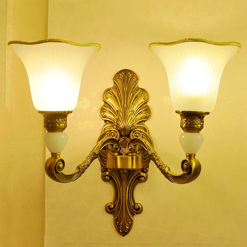 2 Heads Petal Sconce Lamp Traditional Style Frosted Glass Wall Lighting with Gold Metal Arm Clearhalo 'Wall Lamps & Sconces' 'Wall Lights' Lighting' 269825