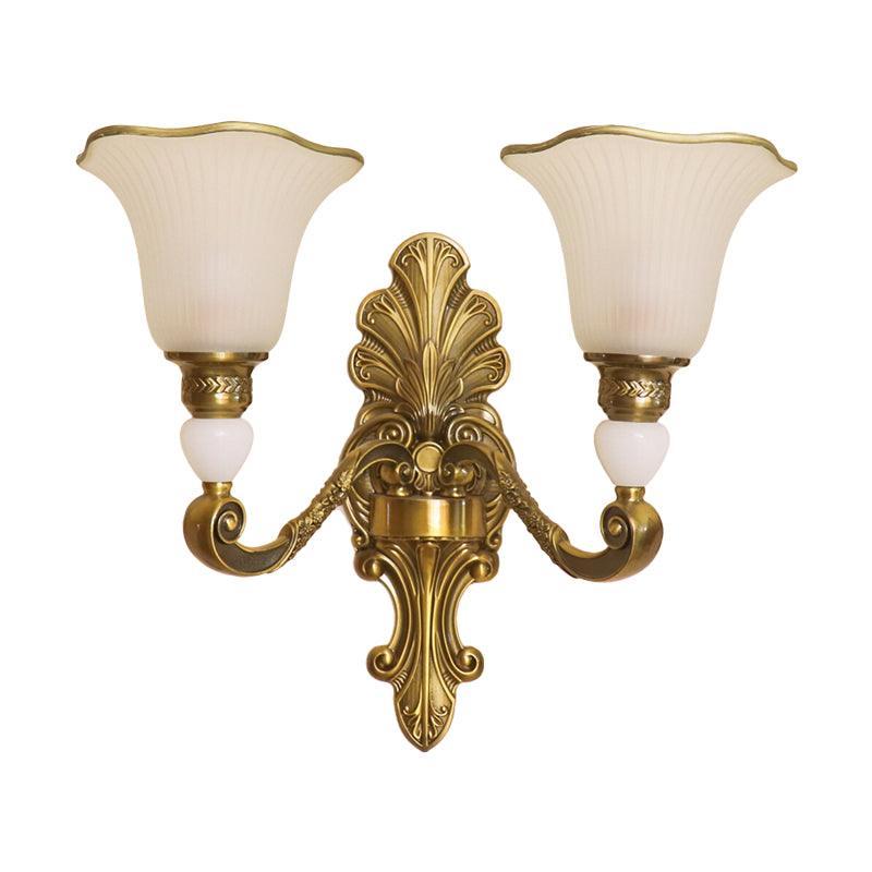 2 Heads Petal Sconce Lamp Traditional Style Frosted Glass Wall Lighting with Gold Metal Arm Clearhalo 'Wall Lamps & Sconces' 'Wall Lights' Lighting' 269827