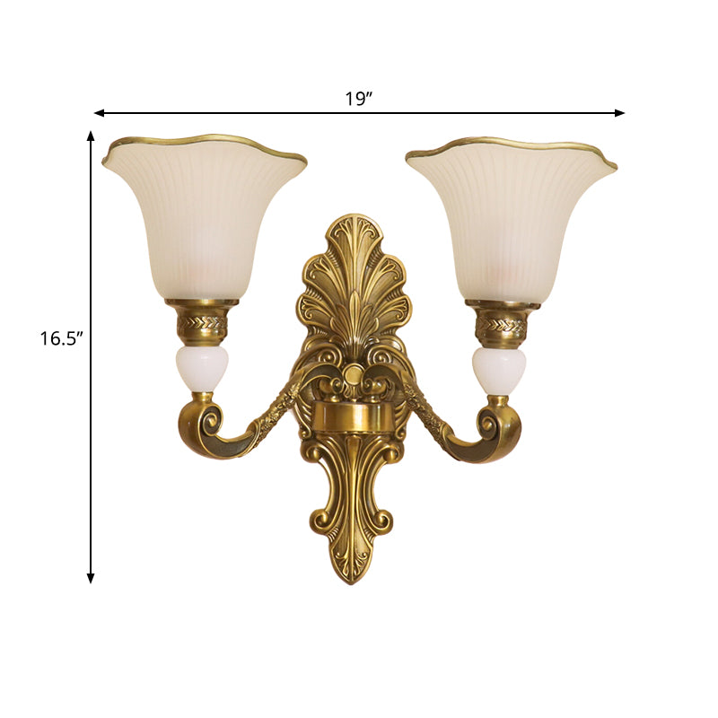 2 Heads Petal Sconce Lamp Traditional Style Frosted Glass Wall Lighting with Gold Metal Arm Clearhalo 'Wall Lamps & Sconces' 'Wall Lights' Lighting' 269828