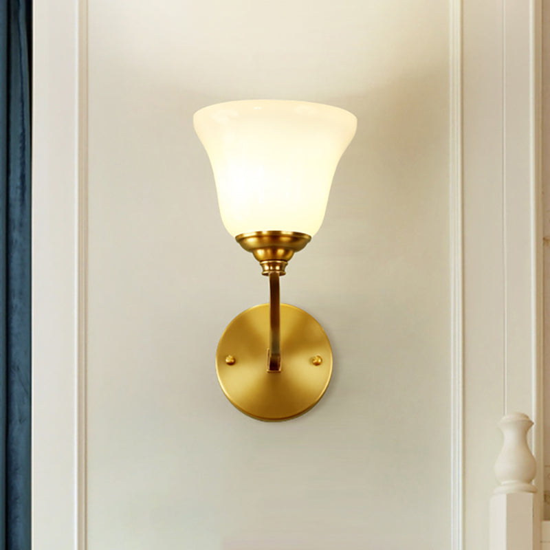 Gold 1 Light Wall Sconce Fixture Colonial Style Milk Glass Bell Shade Wall Mount Light for Corridor Gold Clearhalo 'Wall Lamps & Sconces' 'Wall Lights' Lighting' 269835