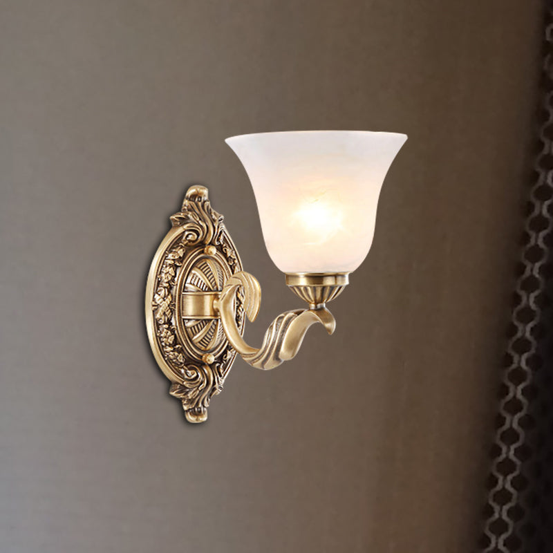 Floral Stairway Wall Sconce Vintage Style Metal 1 Light Gold Wall Mount Lamp with Opal Glass Shade Gold Clearhalo 'Wall Lamps & Sconces' 'Wall Lights' Lighting' 269848