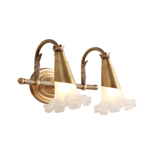 Traditional Style Flower Wall Lamp 1/2-Light Frosted Glass Wall Sconce in Gold for Bathroom Clearhalo 'Wall Lamps & Sconces' 'Wall Lights' Lighting' 269884