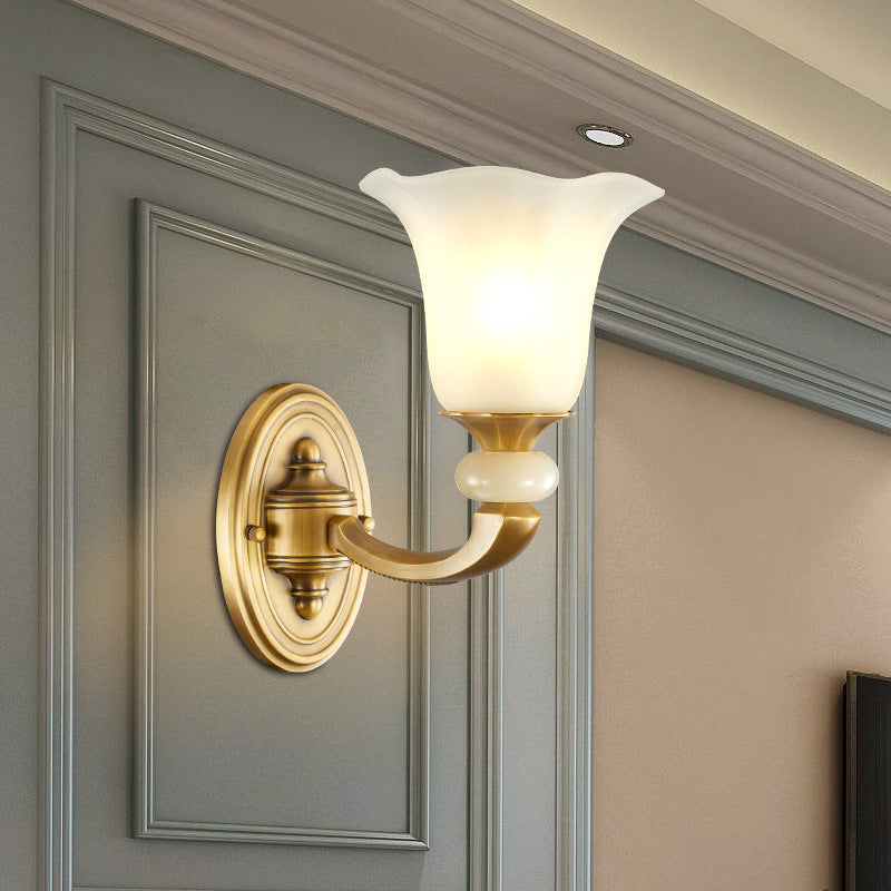 Gold Finish 1/2-Bulb Wall Lamp Classic Style Milky Glass Petal Wall Sconce Fixture for Corridor 1.0 Gold Clearhalo 'Wall Lamps & Sconces' 'Wall Lights' Lighting' 269897