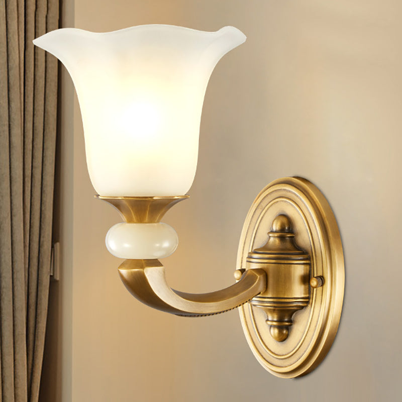 Gold Finish 1/2-Bulb Wall Lamp Classic Style Milky Glass Petal Wall Sconce Fixture for Corridor Clearhalo 'Wall Lamps & Sconces' 'Wall Lights' Lighting' 269898