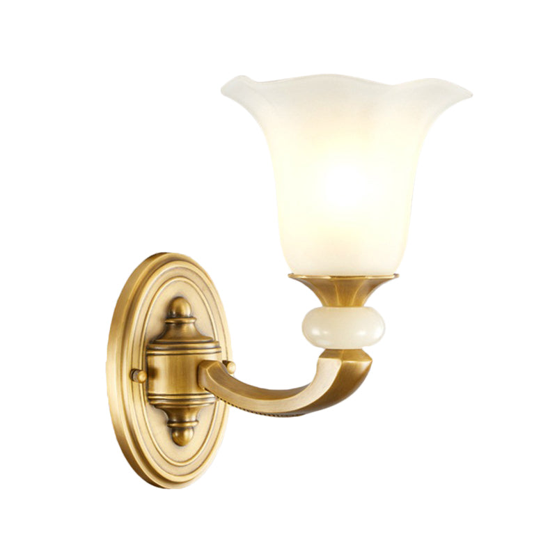 Gold Finish 1/2-Bulb Wall Lamp Classic Style Milky Glass Petal Wall Sconce Fixture for Corridor Clearhalo 'Wall Lamps & Sconces' 'Wall Lights' Lighting' 269900