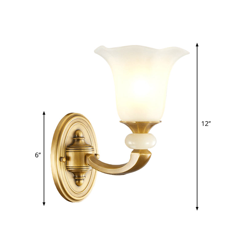 Gold Finish 1/2-Bulb Wall Lamp Classic Style Milky Glass Petal Wall Sconce Fixture for Corridor Clearhalo 'Wall Lamps & Sconces' 'Wall Lights' Lighting' 269901