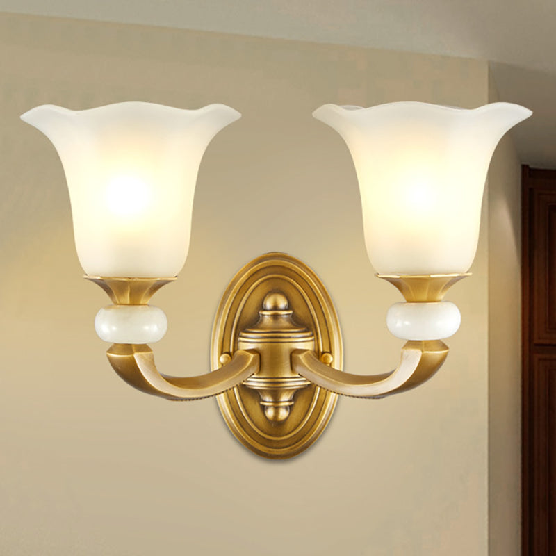 Gold Finish 1/2-Bulb Wall Lamp Classic Style Milky Glass Petal Wall Sconce Fixture for Corridor 2.0 Gold Clearhalo 'Wall Lamps & Sconces' 'Wall Lights' Lighting' 269902