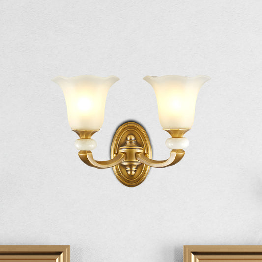 Gold Finish 1/2-Bulb Wall Lamp Classic Style Milky Glass Petal Wall Sconce Fixture for Corridor Clearhalo 'Wall Lamps & Sconces' 'Wall Lights' Lighting' 269903