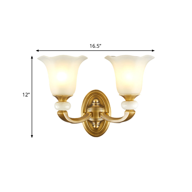 Gold Finish 1/2-Bulb Wall Lamp Classic Style Milky Glass Petal Wall Sconce Fixture for Corridor Clearhalo 'Wall Lamps & Sconces' 'Wall Lights' Lighting' 269906