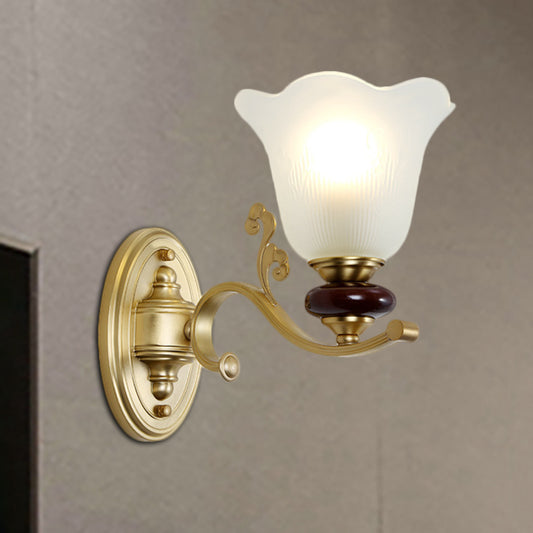 1/2-Bulb Sconce Light Fixture with Petal Shade Frosted Glass Traditional Stylish Bedroom Wall Mounted Light in Gold Clearhalo 'Wall Lamps & Sconces' 'Wall Lights' Lighting' 269917