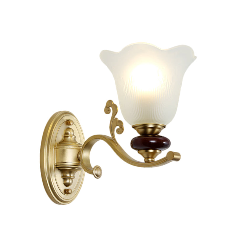 1/2-Bulb Sconce Light Fixture with Petal Shade Frosted Glass Traditional Stylish Bedroom Wall Mounted Light in Gold Clearhalo 'Wall Lamps & Sconces' 'Wall Lights' Lighting' 269919