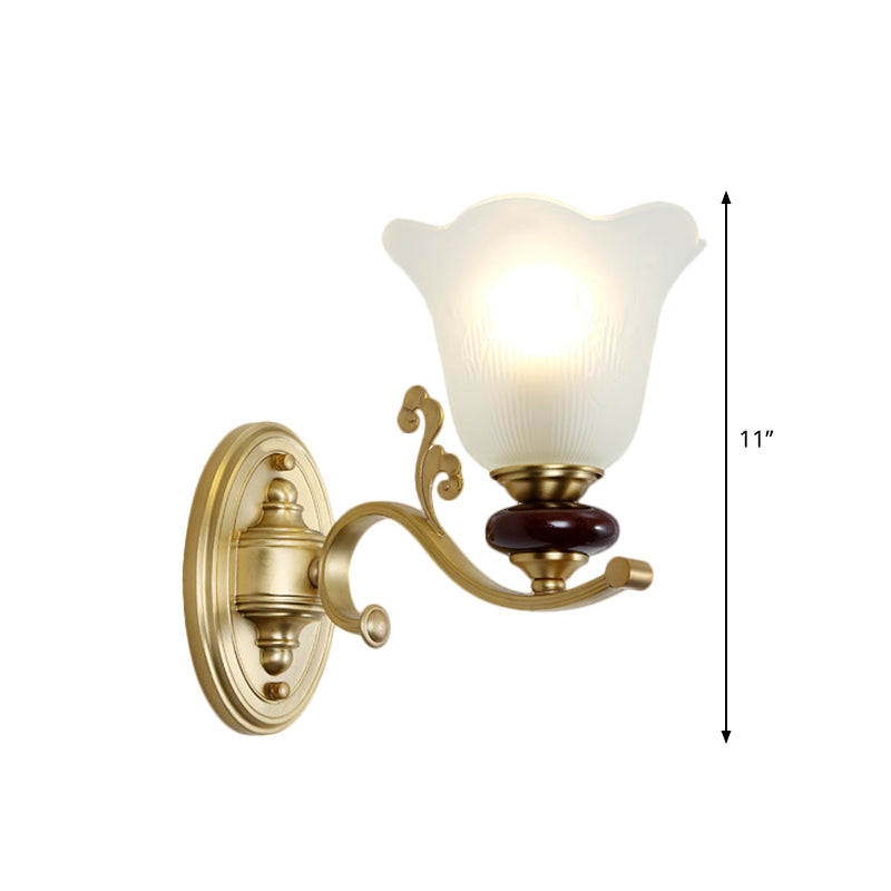 1/2-Bulb Sconce Light Fixture with Petal Shade Frosted Glass Traditional Stylish Bedroom Wall Mounted Light in Gold Clearhalo 'Wall Lamps & Sconces' 'Wall Lights' Lighting' 269920