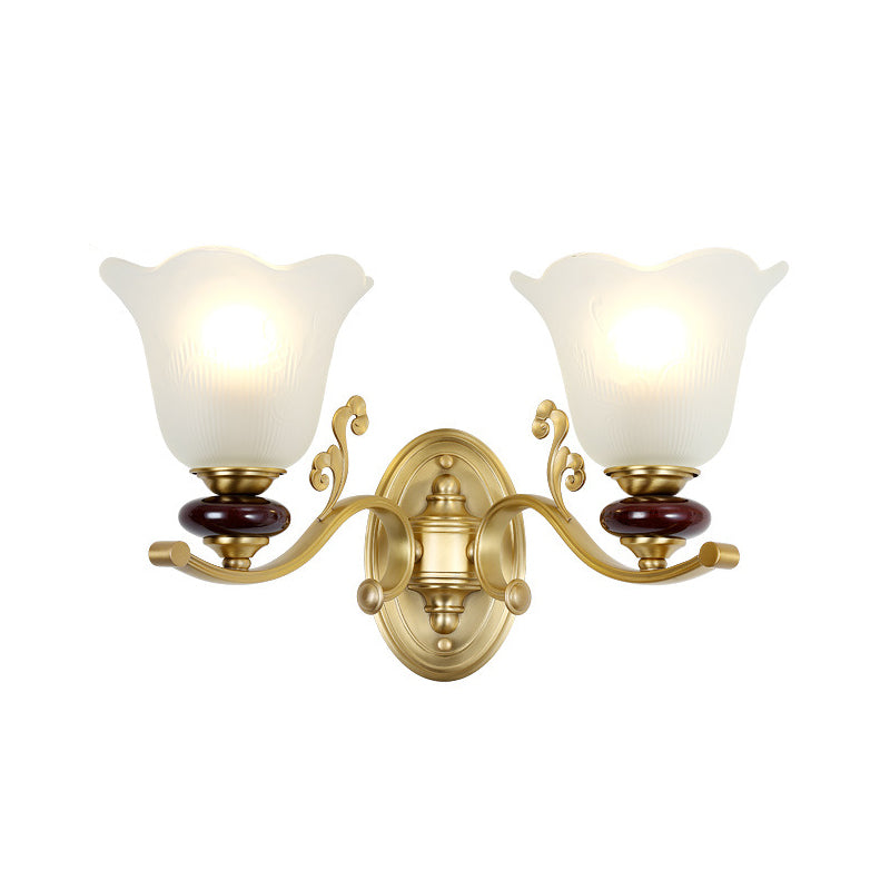 1/2-Bulb Sconce Light Fixture with Petal Shade Frosted Glass Traditional Stylish Bedroom Wall Mounted Light in Gold Clearhalo 'Wall Lamps & Sconces' 'Wall Lights' Lighting' 269925