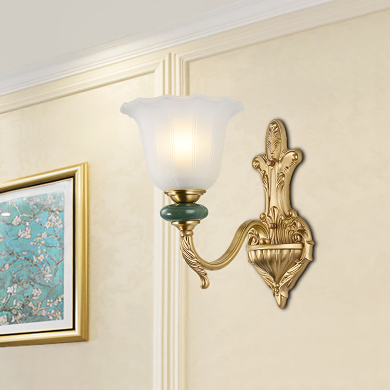 1/2-Head Bell Wall Light Sconce Vintage Style Opal Glass Wall Mount Lamp with Golden Curved Arm for Bedside 1.0 Gold Clearhalo 'Wall Lamps & Sconces' 'Wall Lights' Lighting' 269983