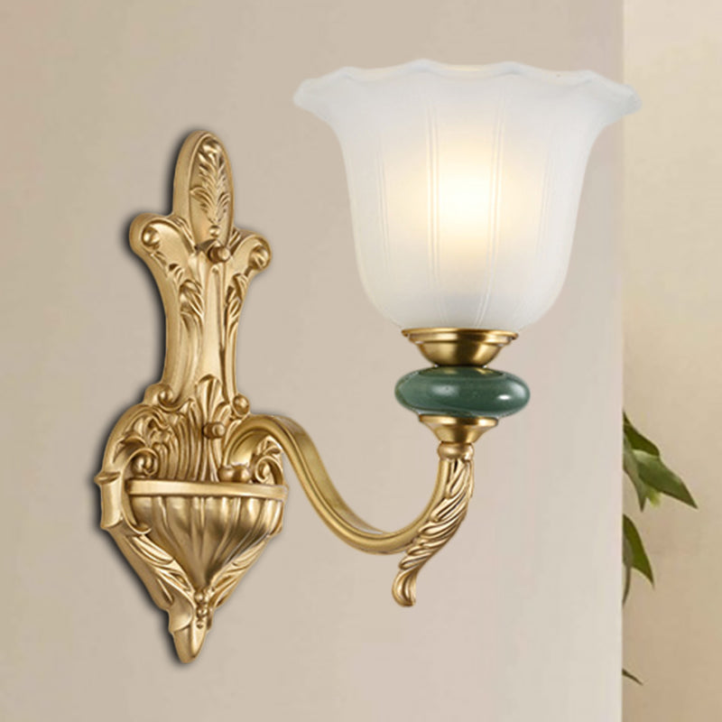 1/2-Head Bell Wall Light Sconce Vintage Style Opal Glass Wall Mount Lamp with Golden Curved Arm for Bedside Clearhalo 'Wall Lamps & Sconces' 'Wall Lights' Lighting' 269984