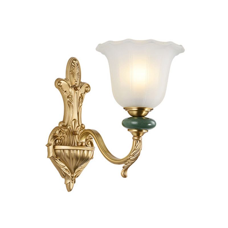 1/2-Head Bell Wall Light Sconce Vintage Style Opal Glass Wall Mount Lamp with Golden Curved Arm for Bedside Clearhalo 'Wall Lamps & Sconces' 'Wall Lights' Lighting' 269986