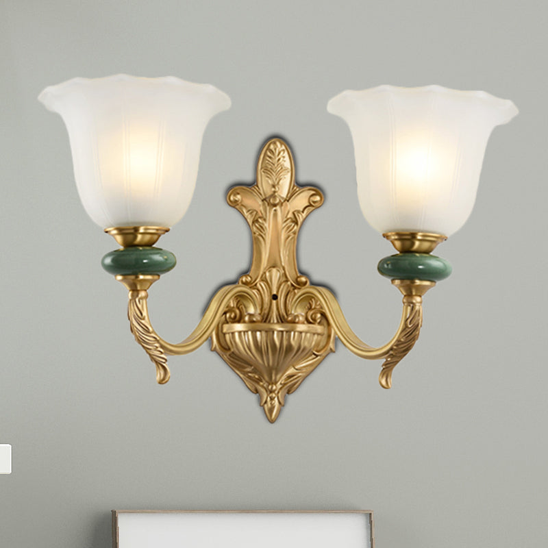 1/2-Head Bell Wall Light Sconce Vintage Style Opal Glass Wall Mount Lamp with Golden Curved Arm for Bedside 2.0 Gold Clearhalo 'Wall Lamps & Sconces' 'Wall Lights' Lighting' 269989