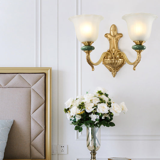 1/2-Head Bell Wall Light Sconce Vintage Style Opal Glass Wall Mount Lamp with Golden Curved Arm for Bedside Clearhalo 'Wall Lamps & Sconces' 'Wall Lights' Lighting' 269991