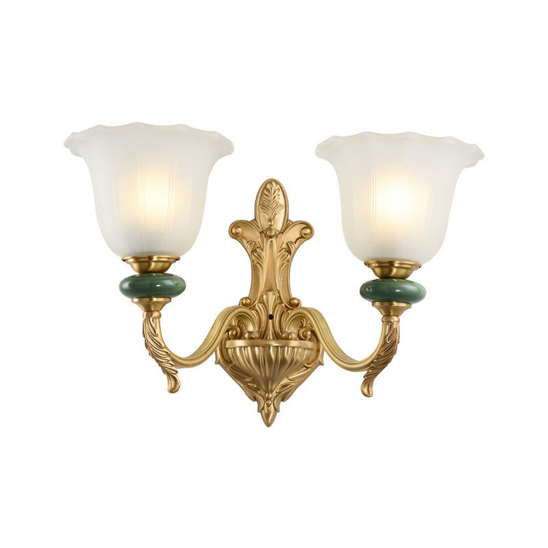 1/2-Head Bell Wall Light Sconce Vintage Style Opal Glass Wall Mount Lamp with Golden Curved Arm for Bedside Clearhalo 'Wall Lamps & Sconces' 'Wall Lights' Lighting' 269992