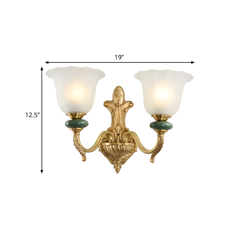 1/2-Head Bell Wall Light Sconce Vintage Style Opal Glass Wall Mount Lamp with Golden Curved Arm for Bedside Clearhalo 'Wall Lamps & Sconces' 'Wall Lights' Lighting' 269993