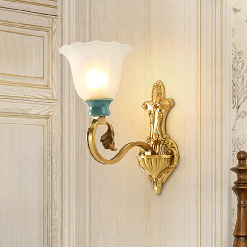 Petal Shade Bedroom Wall Mount Lamp Vintage Stylish Frosted Glass 1/2-Bulb Gold Finish Wall Sconce 1.0 Gold Clearhalo 'Wall Lamps & Sconces' 'Wall Lights' Lighting' 269995