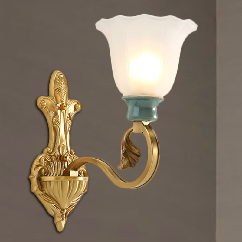 Petal Shade Bedroom Wall Mount Lamp Vintage Stylish Frosted Glass 1/2-Bulb Gold Finish Wall Sconce Clearhalo 'Wall Lamps & Sconces' 'Wall Lights' Lighting' 269996