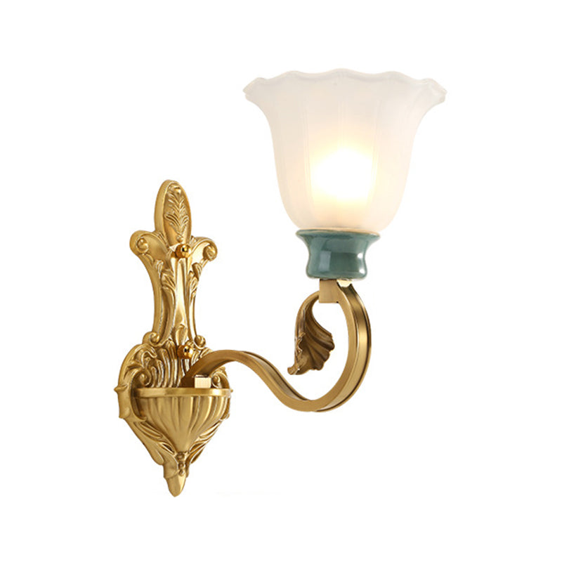 Petal Shade Bedroom Wall Mount Lamp Vintage Stylish Frosted Glass 1/2-Bulb Gold Finish Wall Sconce Clearhalo 'Wall Lamps & Sconces' 'Wall Lights' Lighting' 269998