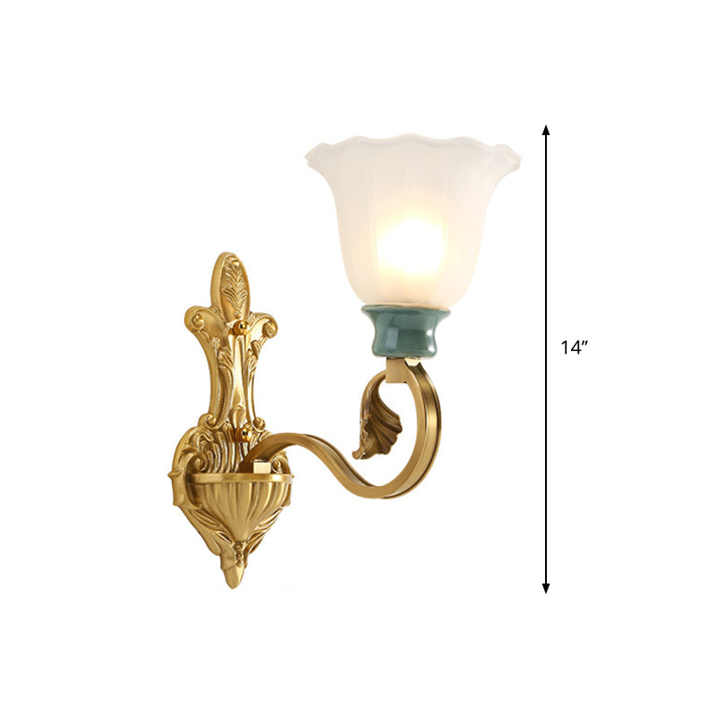 Petal Shade Bedroom Wall Mount Lamp Vintage Stylish Frosted Glass 1/2-Bulb Gold Finish Wall Sconce Clearhalo 'Wall Lamps & Sconces' 'Wall Lights' Lighting' 269999