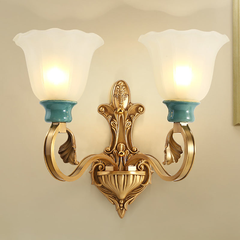 Petal Shade Bedroom Wall Mount Lamp Vintage Stylish Frosted Glass 1/2-Bulb Gold Finish Wall Sconce 2.0 Gold Clearhalo 'Wall Lamps & Sconces' 'Wall Lights' Lighting' 270001