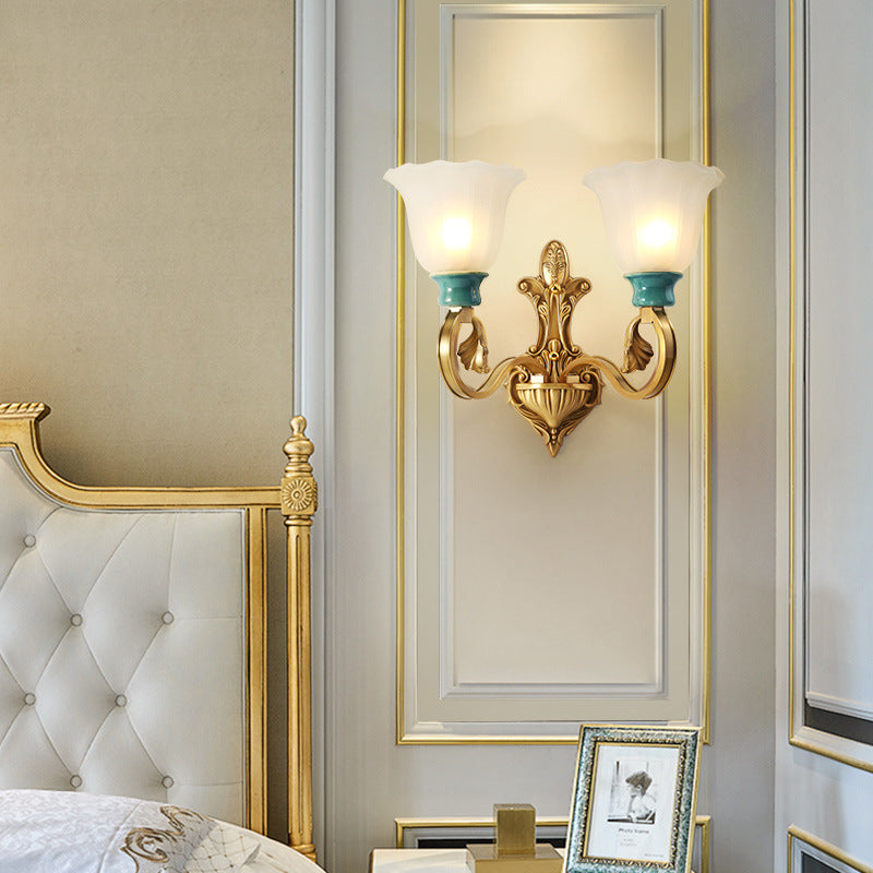 Petal Shade Bedroom Wall Mount Lamp Vintage Stylish Frosted Glass 1/2-Bulb Gold Finish Wall Sconce Clearhalo 'Wall Lamps & Sconces' 'Wall Lights' Lighting' 270003