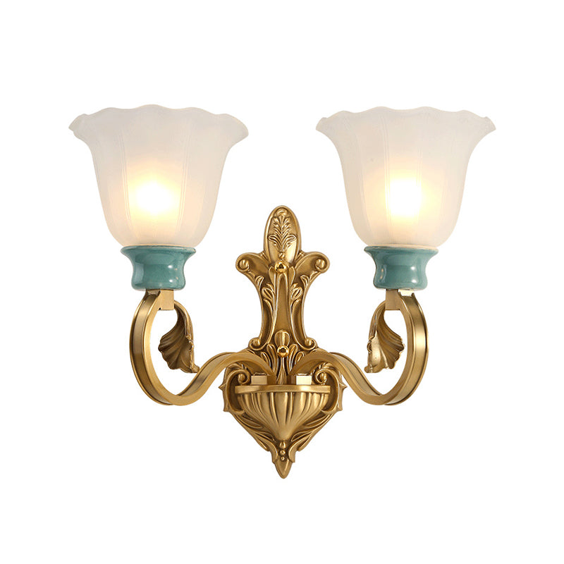 Petal Shade Bedroom Wall Mount Lamp Vintage Stylish Frosted Glass 1/2-Bulb Gold Finish Wall Sconce Clearhalo 'Wall Lamps & Sconces' 'Wall Lights' Lighting' 270004