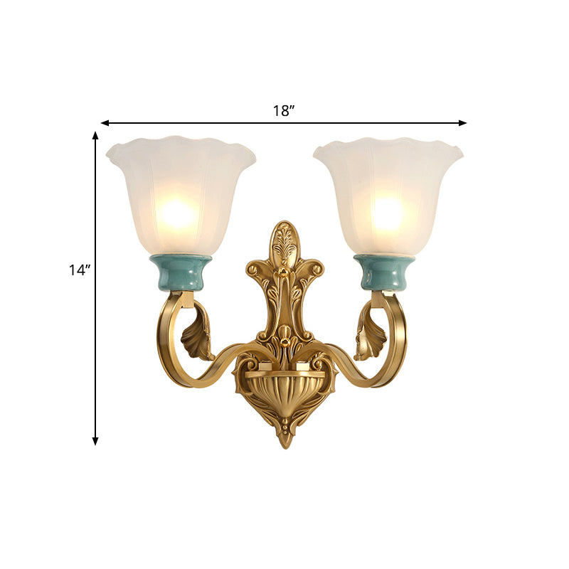 Petal Shade Bedroom Wall Mount Lamp Vintage Stylish Frosted Glass 1/2-Bulb Gold Finish Wall Sconce Clearhalo 'Wall Lamps & Sconces' 'Wall Lights' Lighting' 270005