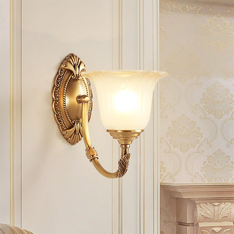 Metal Curved Sconce Light Fixture Classic Style 1/2-Bulb Bedroom Wall Lamp with Opal Glass Petal Shade 1.0 Gold Clearhalo 'Wall Lamps & Sconces' 'Wall Lights' Lighting' 270027