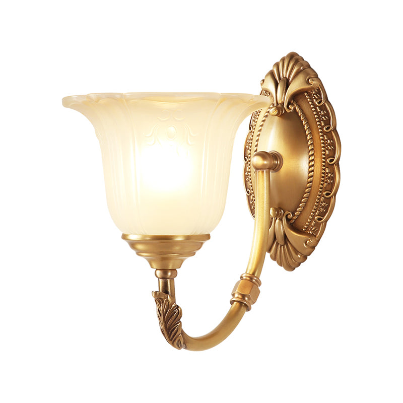 Metal Curved Sconce Light Fixture Classic Style 1/2-Bulb Bedroom Wall Lamp with Opal Glass Petal Shade Clearhalo 'Wall Lamps & Sconces' 'Wall Lights' Lighting' 270030