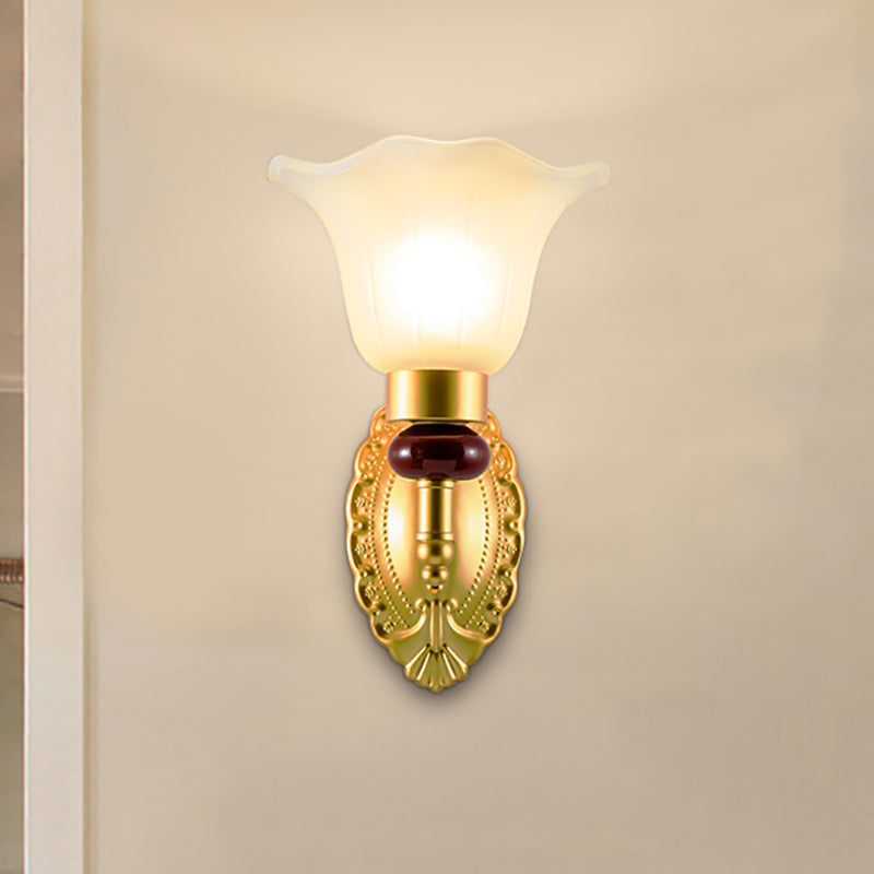 1/2-Head Wall Light Fixture with Petal Shade Opal Glass Vintage Style Bedroom Wall Sconce in Gold 1.0 Gold Clearhalo 'Wall Lamps & Sconces' 'Wall Lights' Lighting' 270057