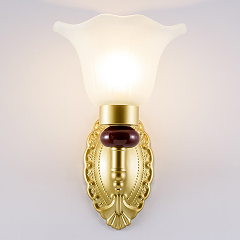 1/2-Head Wall Light Fixture with Petal Shade Opal Glass Vintage Style Bedroom Wall Sconce in Gold Clearhalo 'Wall Lamps & Sconces' 'Wall Lights' Lighting' 270058