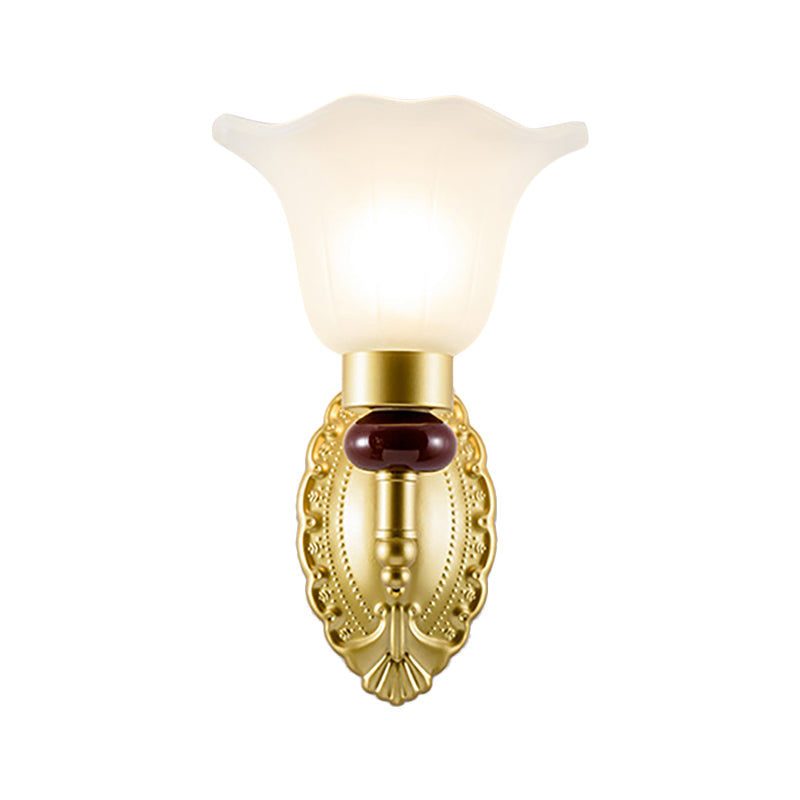 1/2-Head Wall Light Fixture with Petal Shade Opal Glass Vintage Style Bedroom Wall Sconce in Gold Clearhalo 'Wall Lamps & Sconces' 'Wall Lights' Lighting' 270060