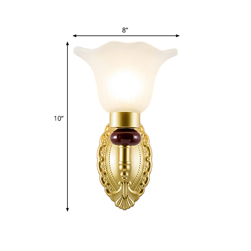 1/2-Head Wall Light Fixture with Petal Shade Opal Glass Vintage Style Bedroom Wall Sconce in Gold Clearhalo 'Wall Lamps & Sconces' 'Wall Lights' Lighting' 270061