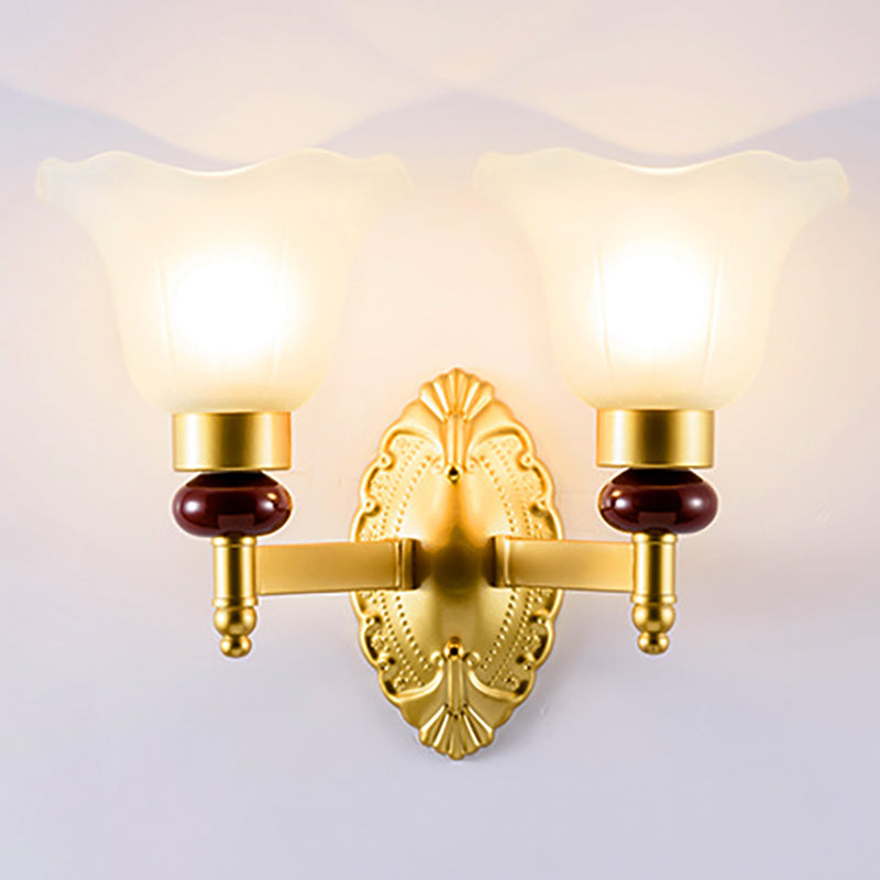 1/2-Head Wall Light Fixture with Petal Shade Opal Glass Vintage Style Bedroom Wall Sconce in Gold 2.0 Gold Clearhalo 'Wall Lamps & Sconces' 'Wall Lights' Lighting' 270063