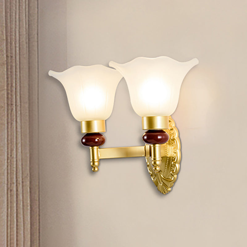 1/2-Head Wall Light Fixture with Petal Shade Opal Glass Vintage Style Bedroom Wall Sconce in Gold Clearhalo 'Wall Lamps & Sconces' 'Wall Lights' Lighting' 270064