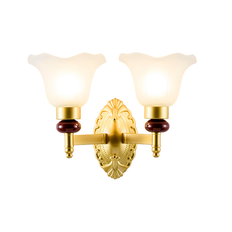 1/2-Head Wall Light Fixture with Petal Shade Opal Glass Vintage Style Bedroom Wall Sconce in Gold Clearhalo 'Wall Lamps & Sconces' 'Wall Lights' Lighting' 270066