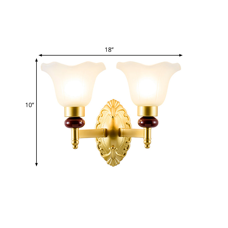 1/2-Head Wall Light Fixture with Petal Shade Opal Glass Vintage Style Bedroom Wall Sconce in Gold Clearhalo 'Wall Lamps & Sconces' 'Wall Lights' Lighting' 270067