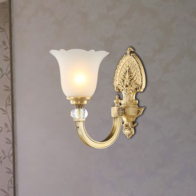 Bell Frosted Glass Wall Sconce Fixture Vintage Style 1/2-Head Bedside Wall Light with Golden Backplate 1.0 Gold Clearhalo 'Wall Lamps & Sconces' 'Wall Lights' Lighting' 270075