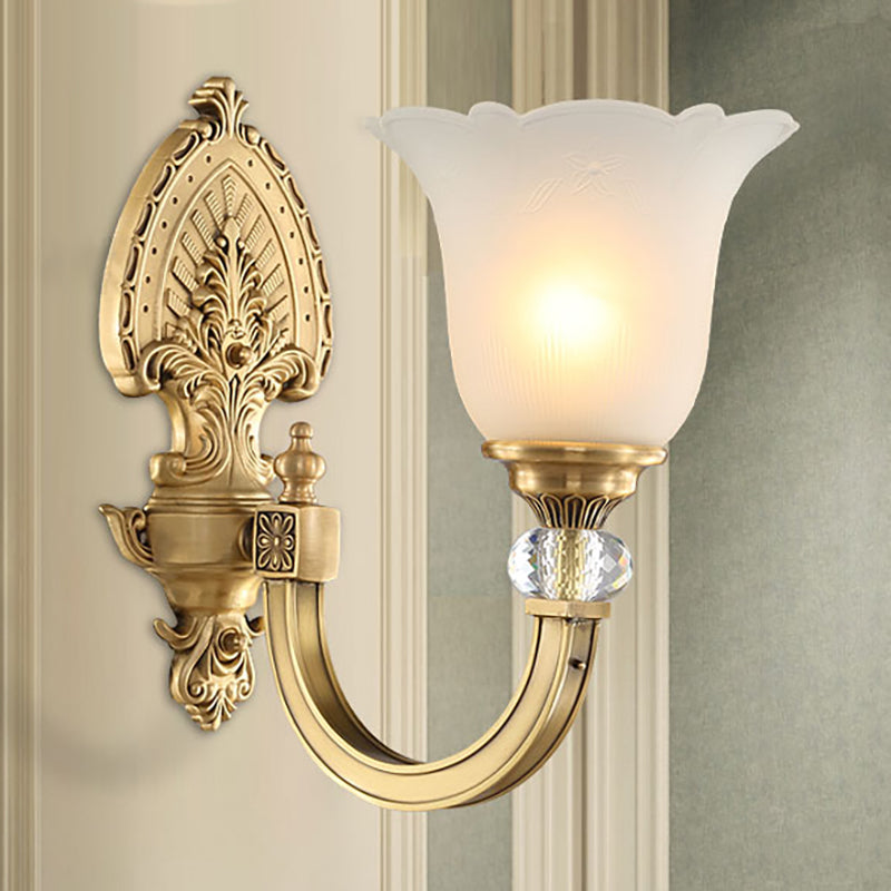 Bell Frosted Glass Wall Sconce Fixture Vintage Style 1/2-Head Bedside Wall Light with Golden Backplate Clearhalo 'Wall Lamps & Sconces' 'Wall Lights' Lighting' 270076