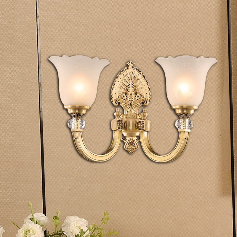 Bell Frosted Glass Wall Sconce Fixture Vintage Style 1/2-Head Bedside Wall Light with Golden Backplate Clearhalo 'Wall Lamps & Sconces' 'Wall Lights' Lighting' 270081