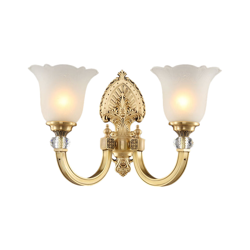 Bell Frosted Glass Wall Sconce Fixture Vintage Style 1/2-Head Bedside Wall Light with Golden Backplate Clearhalo 'Wall Lamps & Sconces' 'Wall Lights' Lighting' 270083