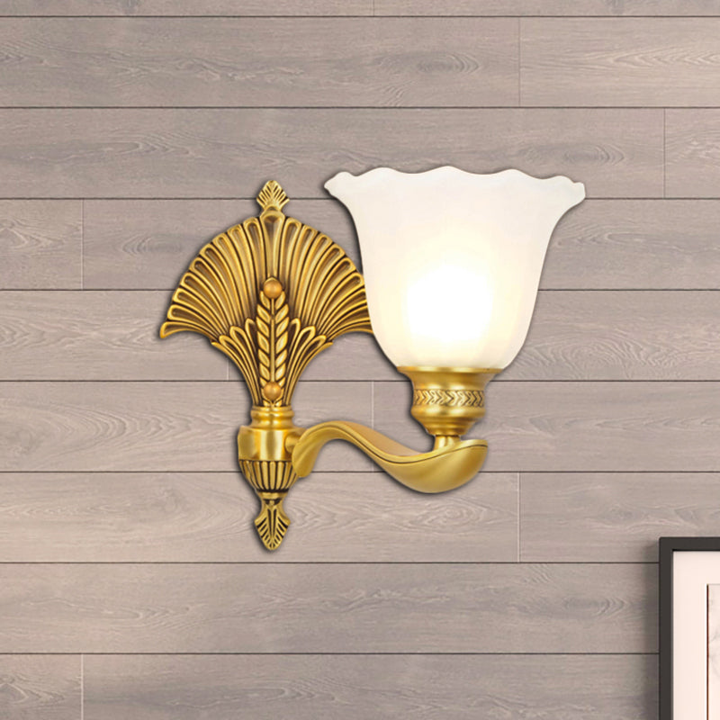 Scalloped Bedroom Sconce Lamp Colonial Style Milk Glass and Metal 1/2-Light Gold Finish Wall Light Fixture 1.0 Gold Clearhalo 'Wall Lamps & Sconces' 'Wall Lights' Lighting' 270085