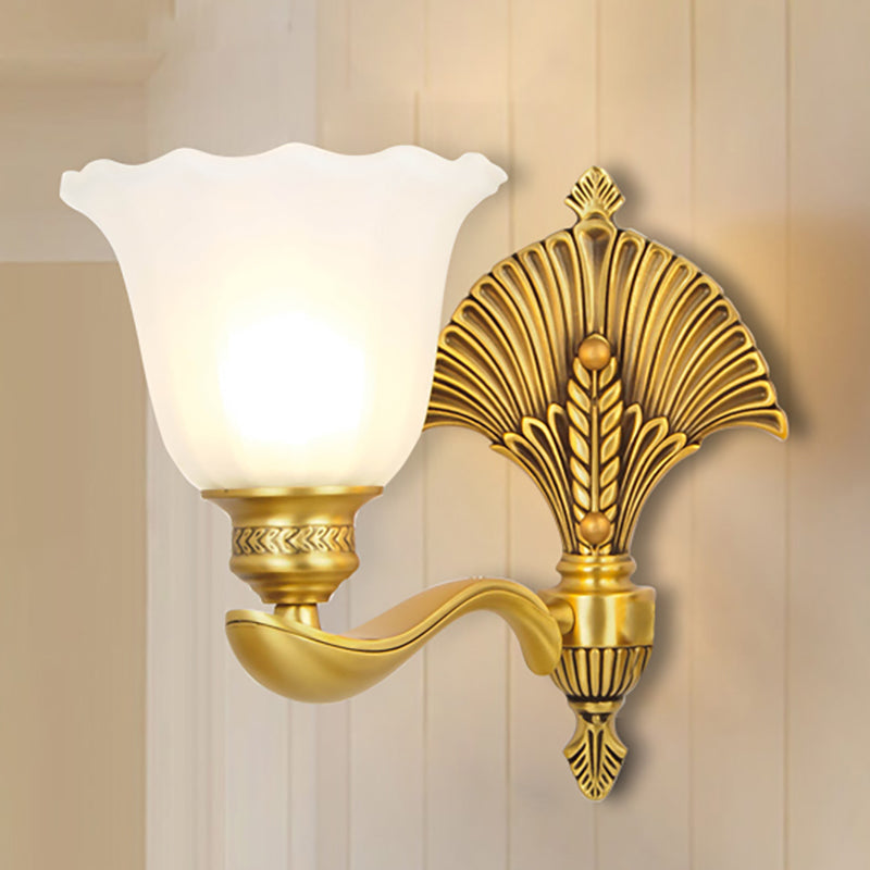 Scalloped Bedroom Sconce Lamp Colonial Style Milk Glass and Metal 1/2-Light Gold Finish Wall Light Fixture Clearhalo 'Wall Lamps & Sconces' 'Wall Lights' Lighting' 270086