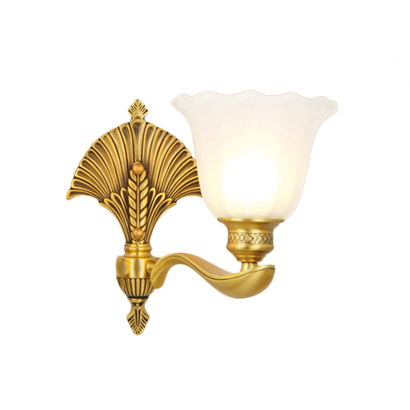 Scalloped Bedroom Sconce Lamp Colonial Style Milk Glass and Metal 1/2-Light Gold Finish Wall Light Fixture Clearhalo 'Wall Lamps & Sconces' 'Wall Lights' Lighting' 270088